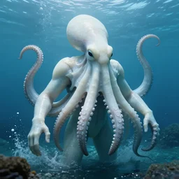 cinemstic enormus humanoid coming out of the ocean. octopus head. water hip deep, white rubbery skin