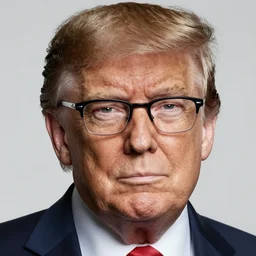 Photo of Donald Trump wearing Warby Parker glasses, soft studio lighting, photo taken by Martin Schoeller for Abercrombie and Fitch, award-winning photo, 24mm f/1.4