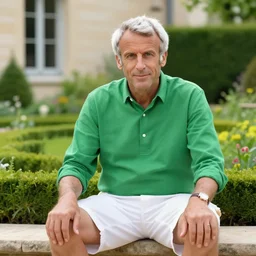mid white hair old emmanuel macron with green shirt and white short, sitting in ile de re house garden