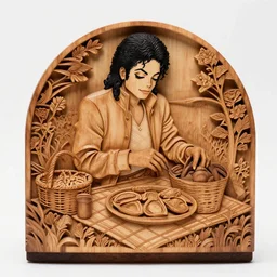 intricate wood carving of michael jackson having a picnic
