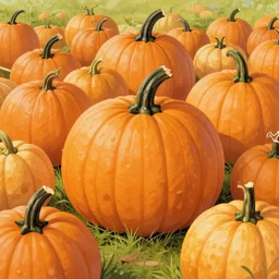 pumpkin patch, concept art, illustrated, highly detailed, high quality, bright colors, optimistic,