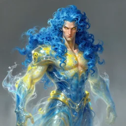beksinski, bouncy magic knight's hooded eyes are the color of polished amber and his waist - length, curly, luxurious, blue hair is worn in a complex style. he has a broad - shouldered build. he has water powers that are invoked instinctively. his artistic outfit is mostly blue and yellow and it is vaguely transparent bending water like a fluid concept, wayne barlowe, adrian smith fantasy art, the hobbit concept art