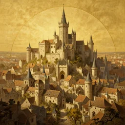 A beautiful painting of a large medieval town, cinematic composition, concept art, golden ratio, matte painting, Marc Simonetti, Sergey Vasnev, Anato Finnstark, artstation, 8k, high resolution