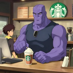 thanos working at starbucks, your name movie style, digital illustration, by makoto shinkai and ruan jia and studio ghibli