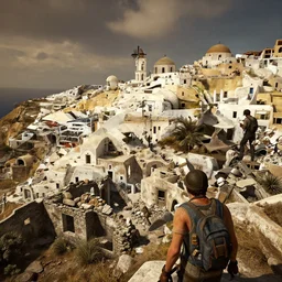 Santorini, Greece in ruins post-nuclear war in Fallout 4, in game screenshot