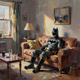 hyper detailed 3d render like a Oil painting - the lonely living room, bored batman, light and shadow, by Jacek Yerka, Mariusz Lewandowski, Houdini algorithmic generative render, Abstract brush strokes, Masterpiece, Edward Hopper and James Gilleard, Zdzislaw Beksinski, Mark Ryden, Wolfgang Lettl, hints of Yayoi Kasuma, octane render, 8k