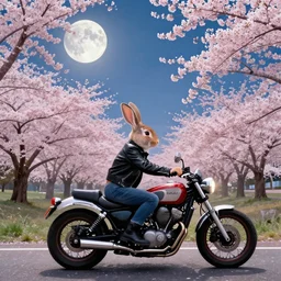 bunny wearing a leather jacket riding a motorbike during sakura season on a blood moon, by peter mohrbacher, james jean, wlop, greg rutkowski, rule of thirds, beautiful landscape