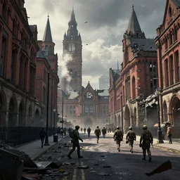 ruins of manchester after world war 3, troops crossing the streets, hyperdetailed, artstation, cgsociety, 8 k