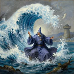 attractive male wizard casting powerful giant tsunami spell in a beautiful lake. highly detailed painting by gaston bussiere, craig mullins, j. c. leyendecker 8 k