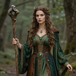 photograph of a real-life beautiful elemental earth witch with ornate green and brown robes and staff.  Extremely detailed. 8k