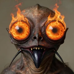 close up portrait of a mutant monster creature with giant flaming protruding eyes bulging out of their eye sockets, exotic black orchid - like mouth, insect antennae by jan van eyck, audubon
