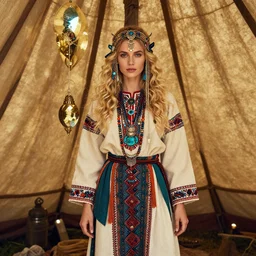 vertical photo of polish female in primitive tent, blonde, curly hair, symmetrical beautiful face, cyberpunk decorations and jewelry, native costume, standing in the primitive tent, fashion editorial photography, hyperrealistic, from vogue magazine, reflections, refraction, gold, teal, orange