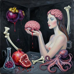 apartment with black walls, portrait of a woman holding a brain, mangosteen, berries dripping juice, pomegranate, bones, sensual, computer chips, berries, octopus, scientific glassware, neo - expressionism, surrealism, acrylic and spray paint and oilstick on canvas