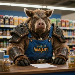 hogger from world of warcraft as a walmart greeter, realistic, cinematic
