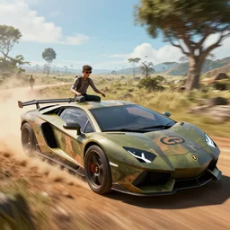 a militarised car designed by lamborghini driving through madagascar, artgerm and wolp, an epic fantasy, volumetric light, detailed, an epic fantasy, trending on art station, octane render, shadow of the tomb rider