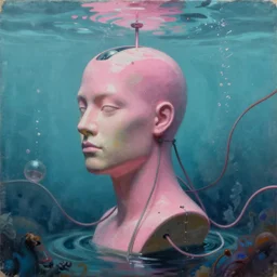 Kenne Gregoire, award winning masterpiece with incredible details, Zhang Kechun, a surreal vaporwave vaporwave vaporwave vaporwave vaporwave painting by Thomas Cole of an old pink mannequin head with cables and wires coming out of it's neck, sinking underwater, highly detailed