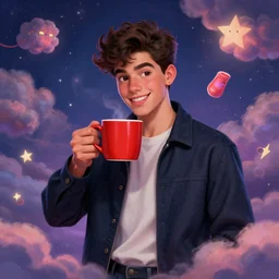 portrait of a ( ( ( una taza de cafe grande y roja ) ) ), ( ( futuro guapo joven modelo espanol macho alegre ) ), lleno de nubes y magia, concept character, by greg rutowski and tezuka and oi and mucha and bierstadt and remington, trending on artstation