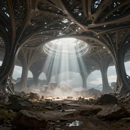 futuristic branching and vaulted canopy structure stretching out across the rocky countryside, beautiful dynamic lighting, cinematic, wide angle establishing shot, extremely high detail, photo realistic, cinematic lighting, post processed, concept art, artstation, matte painting, style by eddie mendoza, raphael lacoste, alex ross, volumetric lighting, light rays, photorealistic, ultrarealistic, moody, coronarender, 8k