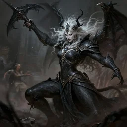 an concept art of the dark eldar queen fighting with chaos deamon, pale hair, intricate details, detailed face, detailed clothes, artstation, epic pose, epic background, ambient light, by moebius and max ernst