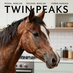 twin peaks poster by michael whelan and tomer hanuka, close up portrait of horse head in a kitchen, by makoto shinkai and thomas kinkade, matte painting line art, black and white, trending on artstation and unreal engine