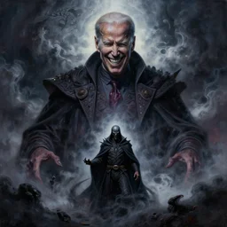 abstract painting of giant Joe Biden grinning evil emperor of the world emerging in dark clouds, Sidious, noxious, cosmic horror, evil, dangerous, trending on ArtStation, masterpiece, by Greg Rutkowski, by Ross Tran, by Fenghua Zhong, octane, lightbeam eyes, soft render, clear facial features, oil on canvas, immense endless crowd, moody lighting, cinematic, professional environment concept art