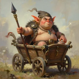 painting of chubby goblin riding in a slapdash wooden cart holding a lance, fantasy art, magic : the gathering art, by diterlizzi