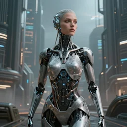 beautiful woman! cyborg, in a space metropolis, sci-fi, cyberpunk, ultra realistic, concept art, intricate details, eerie, highly detailed, photorealistic, octane render, 8k, unreal engine, art by artgerm and greg rutkowski and alphonse mucha