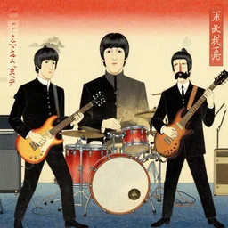 The Beatles playing in the Budokan, Ukiyo-e art,