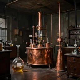 dark indoor vintage crazy laboratory with copper equipment in a cubic room with large victorian beakers