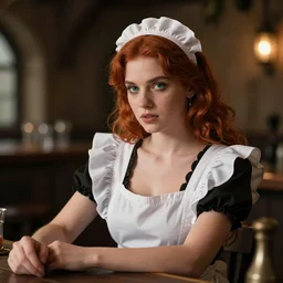 beautiful bar maid with auburn hair and green eyes, in a medieval tavern, dramatic, cinematic, filmic, 7 5 mm, f / 1. 8