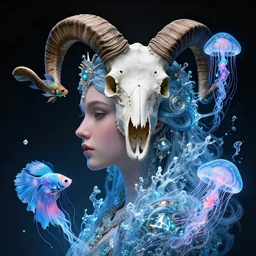 goddess macro 3 / 4 profile portrait with crown made of ram skull. betta fish, jellyfish phoenix, bioluminiscent, plasma, ice, water, wind, creature, super intricate ornaments artwork by tooth wu and wlop and beeple and greg rutkowski