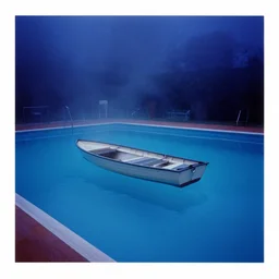 a boat in the middle of the vintage swimming pools, fog, deep blue mood, colorful, contemporary archival color photograph print from the original negative