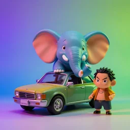 car as elephant, action figure, sofubi, studio lighting, colored gels, colored background, xf iq 4, 1 5 0 mp, 5 0 mm, f 1. 4, iso 2 0 0, 1 / 1 6, ( by kim jung gi ) ( by george morikawa ) ( by kentaro miura ) ( by eiichiro oda )
