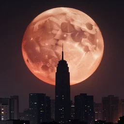 a shadow of a city on the background of a giant blood moon