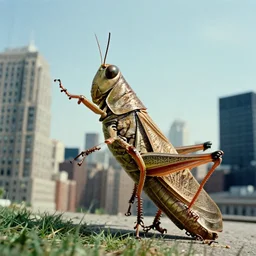 a giant grasshopper attacking manhattan, color film, high definition, photorealistic,