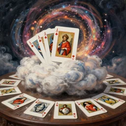far away shot of a cloud of cards, background is a swirl of magical energies, still life,, painting in the museum, highly detailed, sharp focus, digital painting, artwork by kinkade, by victor adame minguez by yuumei by tom lovell by sandro botticelli