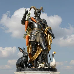 portrait, war, knight, rabbit, horns, famine, death, war, wide angle, puffy clouds, skies behind, stars in sky, italian masterpiece, Ashford Black Marble, sculpture, baroque,  draped with orange carrot and vines and spines, marble and gold, drapes, white details, beetle, still life, Obsidian, portrait, rabbit, snails vs worms, goose, render, artstation, ultra detailed