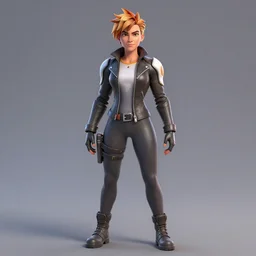 a full body portrait of tracer from overwatch wearing skintight leather jacket, trending on artstation, artstationhd, artstationhq, full body shot, octane render, unreal engine, 3 d render detailed body, detailed face, artwork by tooth wu and wlop and beeple and greg rutkowski