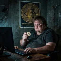 typical cryptocurrency nerd, sitting in front of the computer, shilling, dark basement decay, bitcoin poster in background, fat and dirty, scruffy looking, claustrophobia, humidity in walls, award - winning photomanipulation