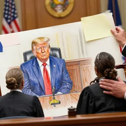 a court drawing depicting donald trump being sentenced by a black female judge
