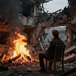 gaze of man sitting on a chair watching the fire in a collapsed building, dramatic, high - speed photograph, 4 k, evil