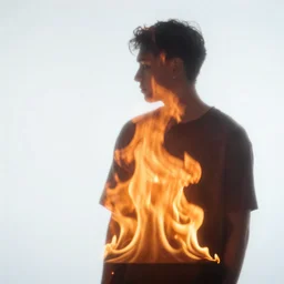 double exposure of flames and the silhouetted figure of a man, artistic photography project