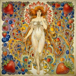 an intricate oil painting of a beautifull woman surounded by hiper detailed fractal, strawberry, blueberry, colorfull, excelent composition, wide shot, by yoshitaka amano, by greg rutkowski, by alphonse mucha by jeremyg lipkinng, by rhads, by ross tran, by artgerm, octane render