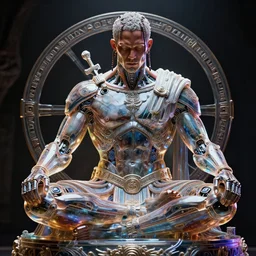 vibrant ultra clear sideview sculpture of travis scott as a fierce cyborg roman god meditation position by sandra chevrier laurie greasley ron english, cybernetics, low contrast, cinematic dramatic lighting, hyper realistic detailed intricate render, hypermaximalist, ornate, epic composition, 4 k 8 k, cryengine octane blender, sharp focus, concept art, masterpiece