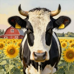 up close face portrait of a black and white cow in a beautiful field of sunflowers with a red barn behind it, by Michael Sowa, rustic, golden hour, extremely detailed masterpiece, watercolor on canvas, by J. C. Leyendecker and Peter Paul Rubens and Edward Hopper and Michael Sowa,
