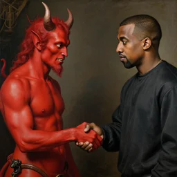 a renaissance painting of a red devil with horns giving a handshake to kanye west, ultra detailed, realistic