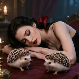 a beautiful lady vampire falling asleep at a table, cinematic, art, epic, digital masterpiece, romantic lighting, pet hedgehog