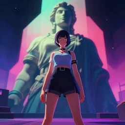 a cgsociety render of a foreground woman standing in front of a background huge statue, a screenshot by stanley twardowicz, cgsociety, aestheticism, aesthetic, vaporwave, anime aesthetic