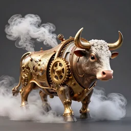 a clockwork mechanical bull there are gears sticking out of the bull steam emanates from the bull and thick clouds of steam swirl around the bull, ultra high detail, high particle effects, highly reflective surface, realistic reflections