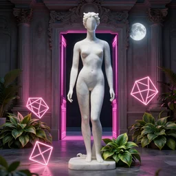 beautiful marble sculpture of a mannequin by billelis + lit with 3 d geometric neon + hosta flowers!!!, moon in background!, facing a doorway opening with neon pink geometric light, rococo architecture, moody, award winning, clean linework, dramatic, finely detailed, 4 k, trending on artstation, photorealistic, volumetric lighting, octane render